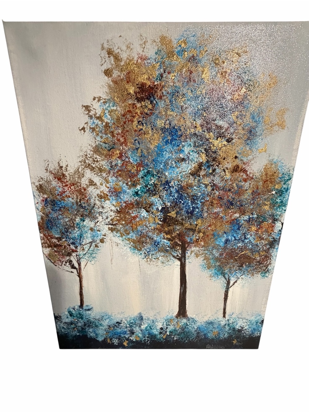 New Original Acrylic Canvas Art Trees in Blue and Gold 12" x 16" - Picture 11 of 14